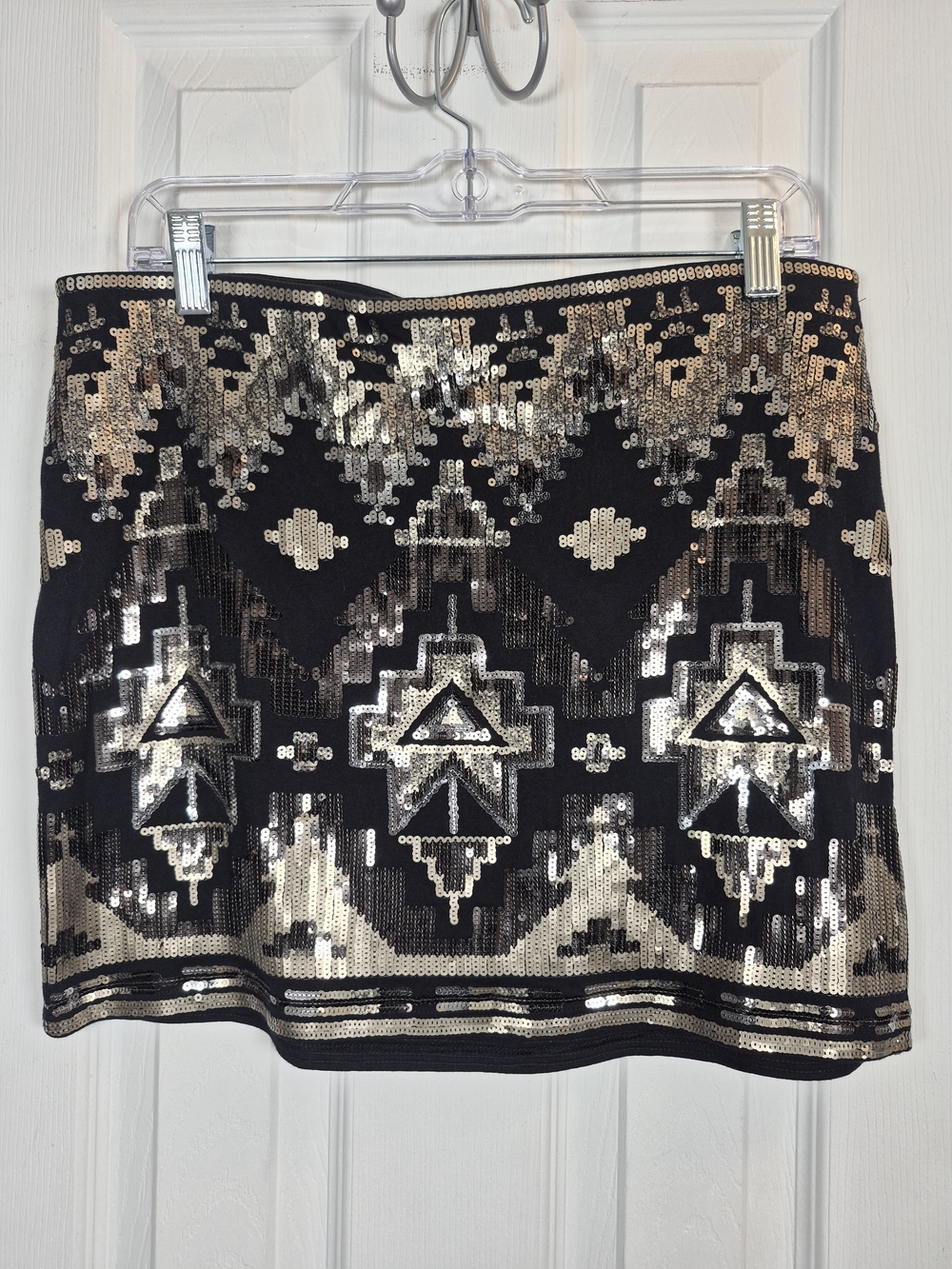 Express Aztec Geometric Mini Sequin Skirt Silver Bronze Tribal Boho Party Medium